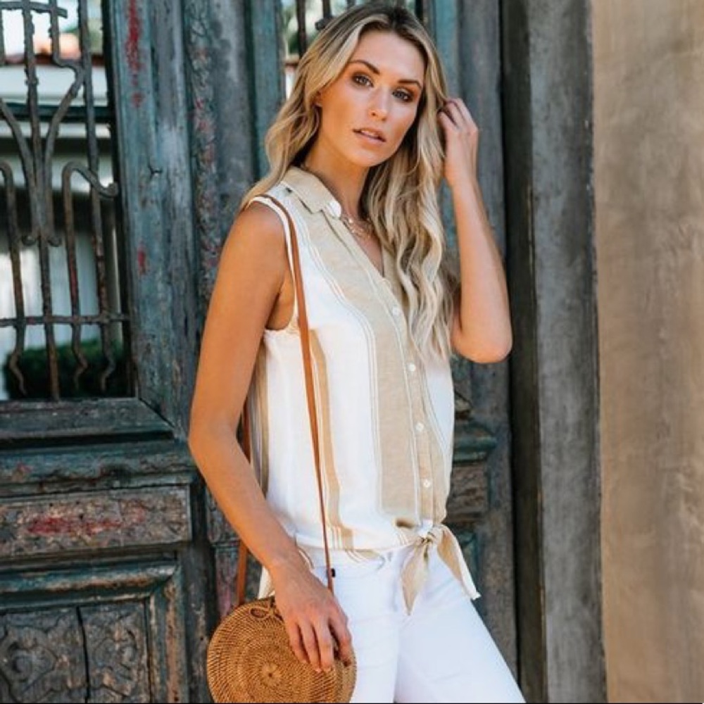 Linen Mustard Yellow Stripe Button Down Tank